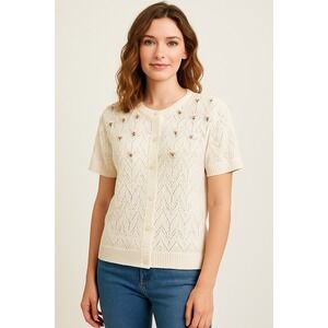 Womens White Knit S Short Sleeve Cardigan Sweater Rose Embroidery Button Front